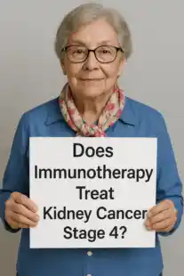 Does immunotherapy work for kidney cancer stage 4 is written on a sign held by a woman. It is a term searched by many people each month.