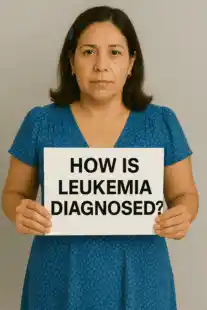 How is Leukemia Diagnosed sign being held by a 50 year old woman.