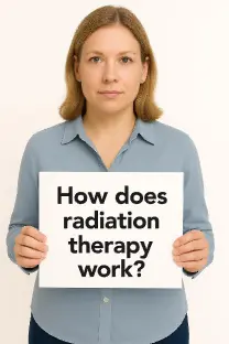 Woman holding a sign that says "How Does Radiation Therapy Work"