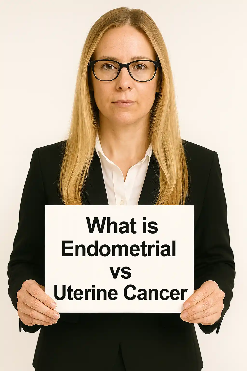 Endometrial vs Uterine cancer sign being held by a professional woman.