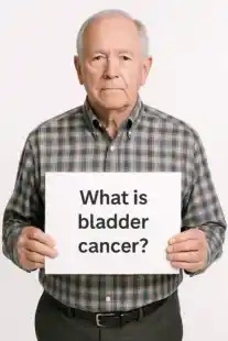 Bladder Cancer. Man With What Is Bladder Cancer Sign.