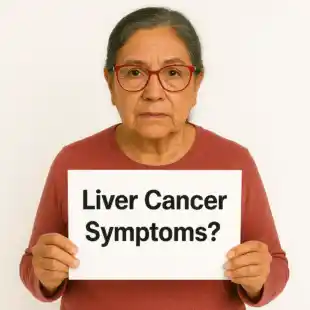 Liver Cancer Symptoms sign being held by a woman. It is a commonly asked question.