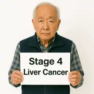 Stage 4 Liver Cancer sign being held by an Asian man.